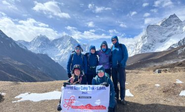 Everest Base Camp Trek with stunning Himalayan views, trekkers walking towards Mount Everest through Sherpa villages and rugged mountain landscape