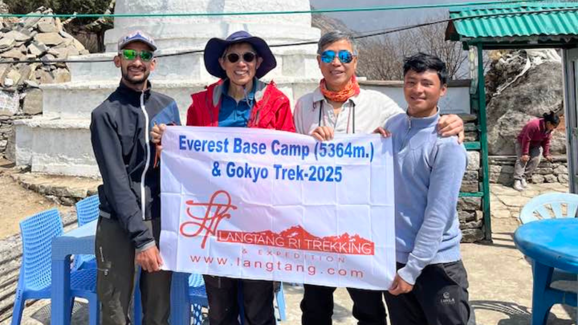 Trekkers crossing Cho-La Pass with views of Gokyo Lakes and Everest region peaks.