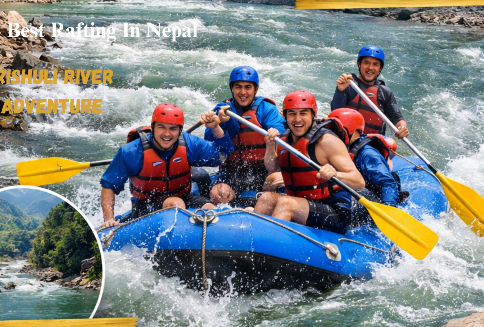 Best Rafting in Nepal: Trishuli River Guide with rafters navigating thrilling rapids surrounded by lush hills of Nepal.