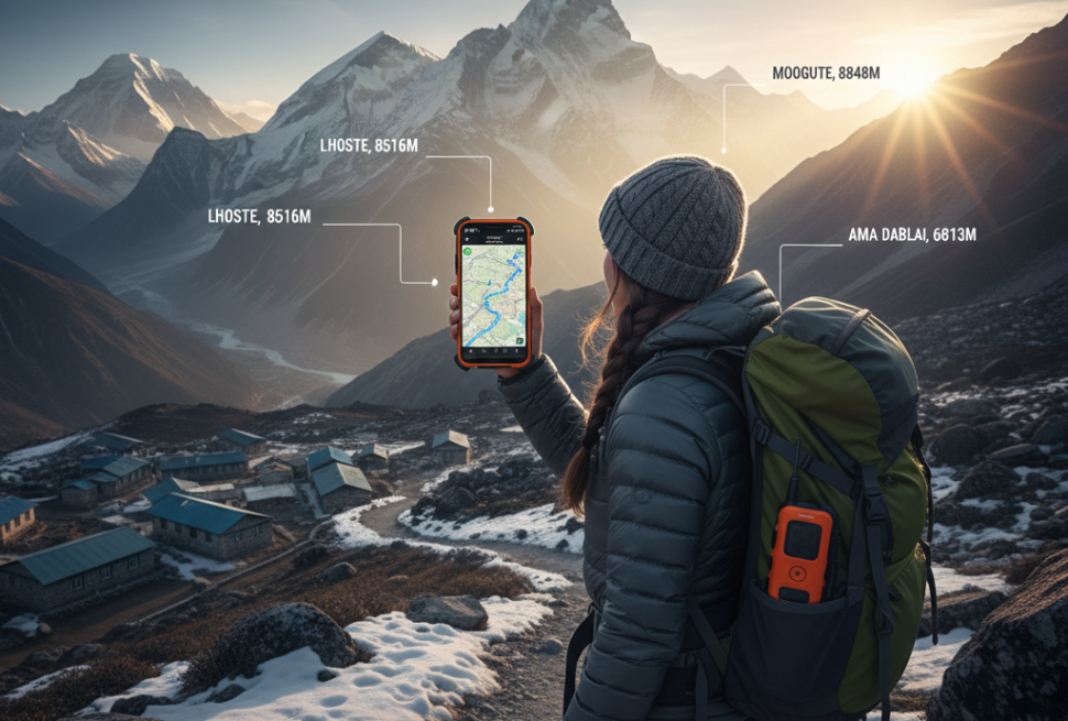 Himalayan Tech 2026 best trekking apps and GPS on a smartphone to locate the Lhotse and Ama Dablam mountains during sunset.