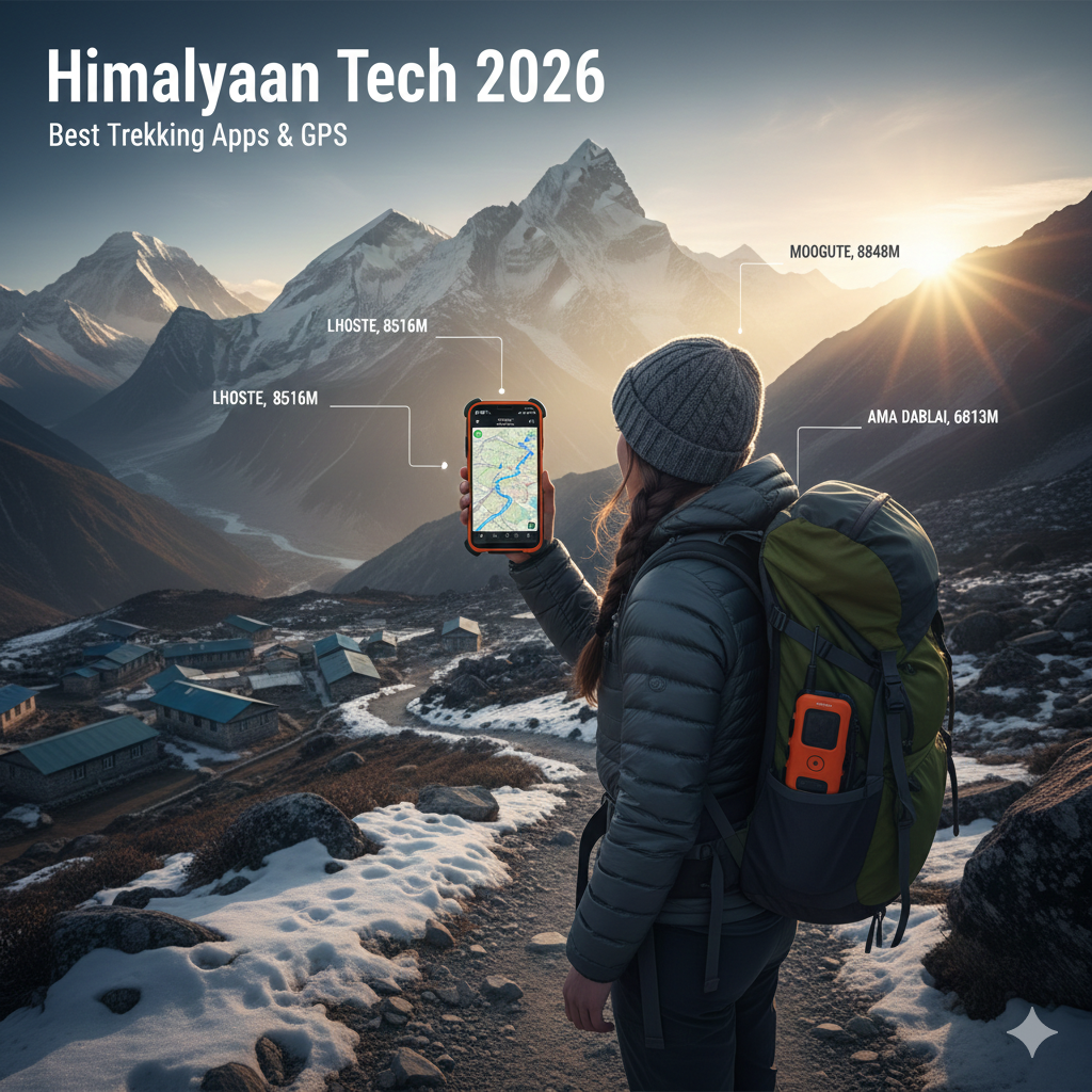 Himalayan Tech 2026 best trekking apps and GPS on a smartphone to locate the Lhotse and Ama Dablam mountains during sunset.