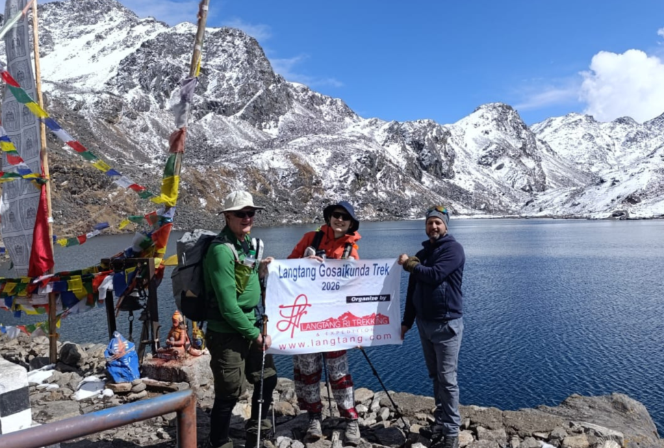 Gosaikunda Trek Guide 2026 showing trekkers hiking toward the sacred Gosaikunda Lake in Langtang National Park, Nepal.