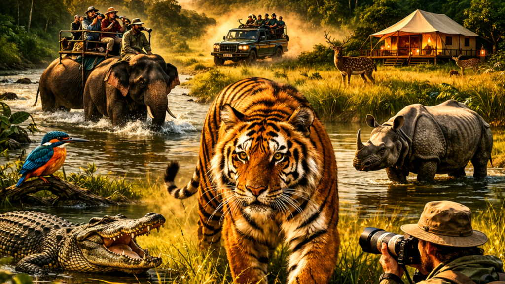 Nepal Wildlife Safari 2026: Thrilling Jungle Adventures Bengal tiger walking through Chitwan National Park jungle