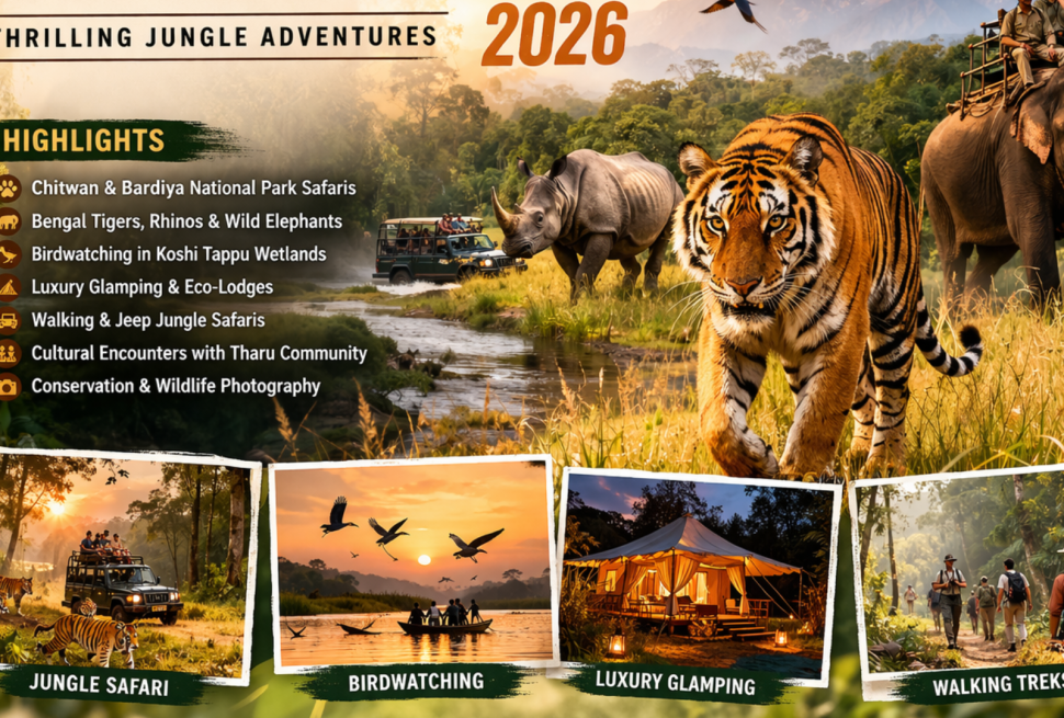Nepal Wildlife Safari 2026: Thrilling Jungle Adventures Bengal tiger walking through Chitwan National Park jungle.