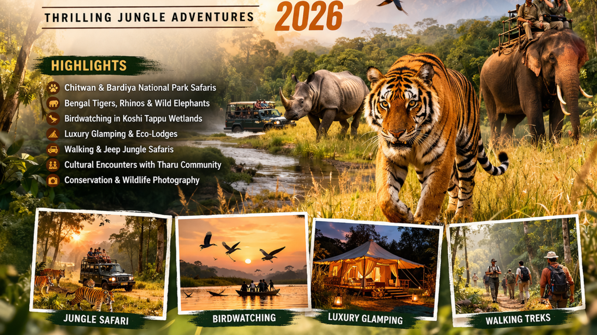 Nepal Wildlife Safari 2026: Thrilling Jungle Adventures Bengal tiger walking through Chitwan National Park jungle.