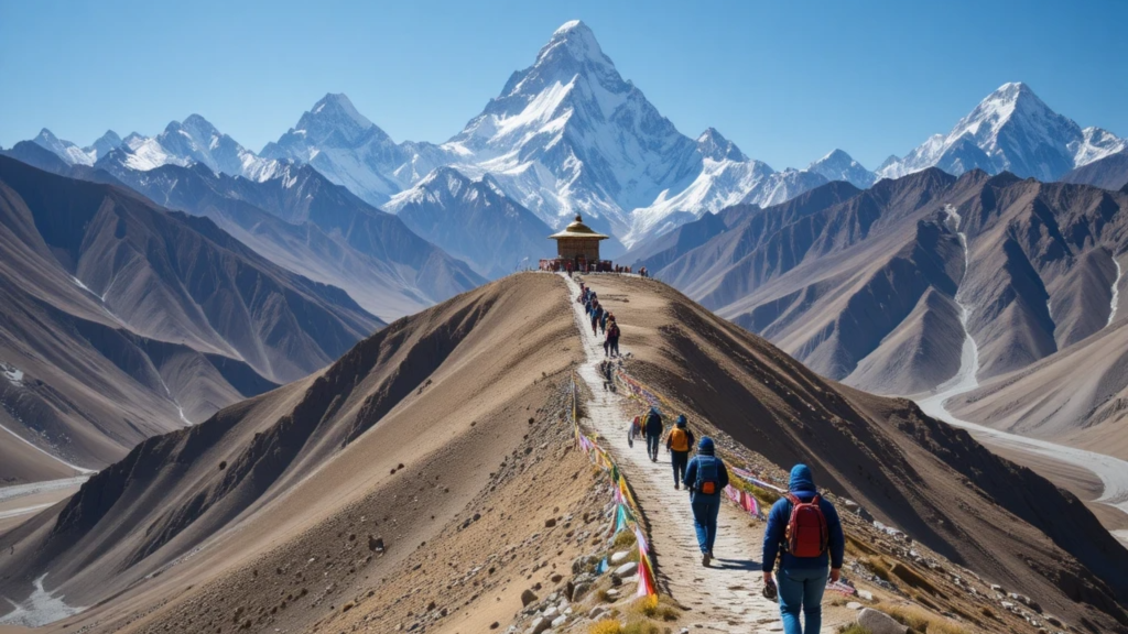 Muktinath Trek Guide 2026 with Himalayan mountains and colorful prayer flags in Mustang Nepal during the Muktinath trekking journey.