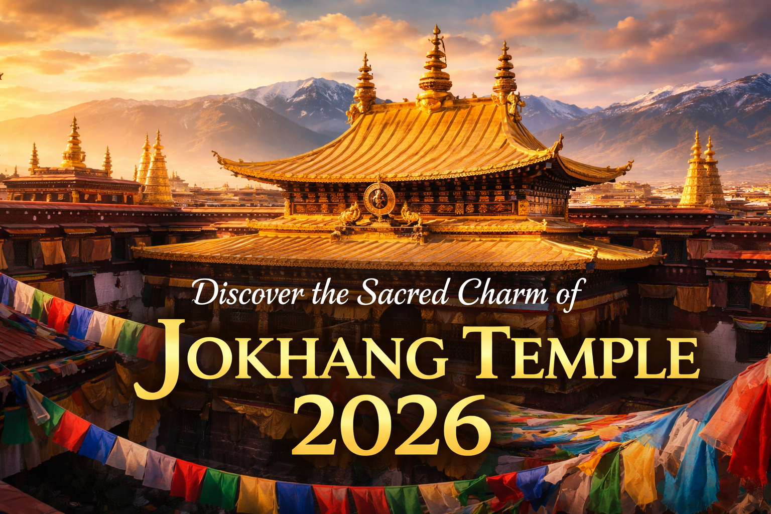 Sacred Charm of Jokhang Temple 2026 with golden rooftop, Tibetan architecture, and colorful prayer flags in Lhasa
