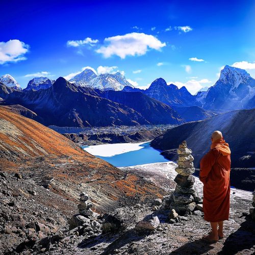 everest base camp, nepal, monk, buddhist, mountain, himalaya, nature, landscape, blue camping