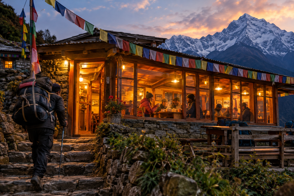 7 Reasons to Trek Nepal With a Trekking Agency  Trekkers and a local guide walking a stone trail in the Langtang valley, Nepal, with snow peaks glowing at sunrise