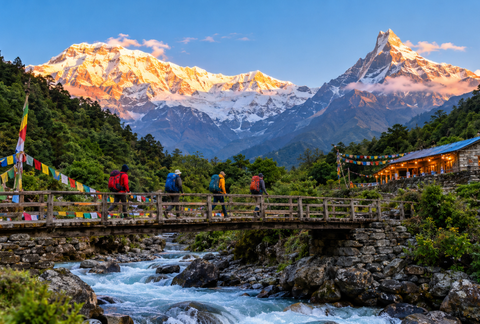 After the Rains, Annapurna Welcomes Trekkers Back 2026 Annapurna Welcomes Trekkers Back 2026crossing a wooden bridge toward Annapurna Base Camp at sunrise after the monsoon, with snow peaks glowing behind