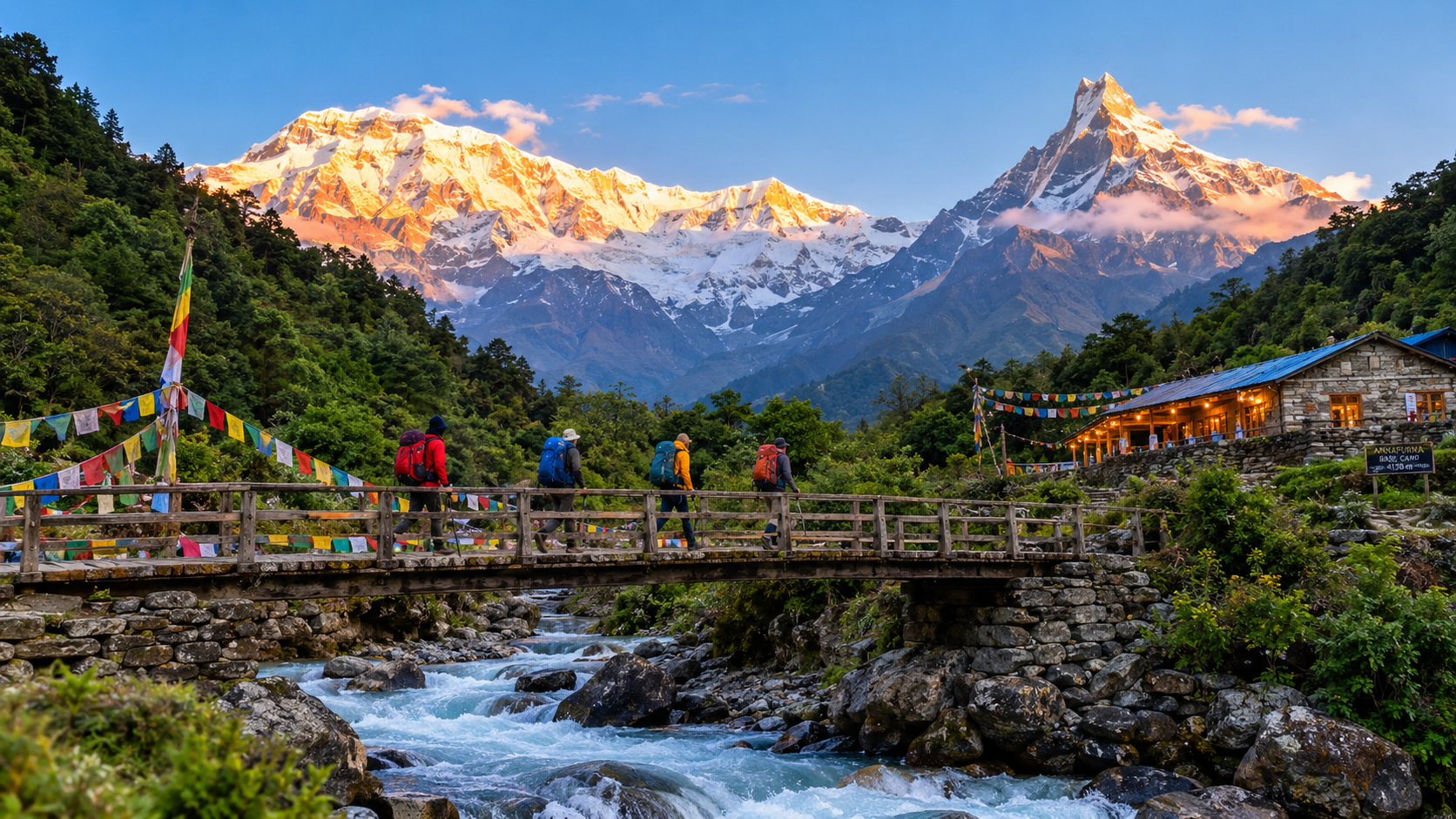 After the Rains, Annapurna Welcomes Trekkers Back 2026 Annapurna Welcomes Trekkers Back 2026crossing a wooden bridge toward Annapurna Base Camp at sunrise after the monsoon, with snow peaks glowing behind