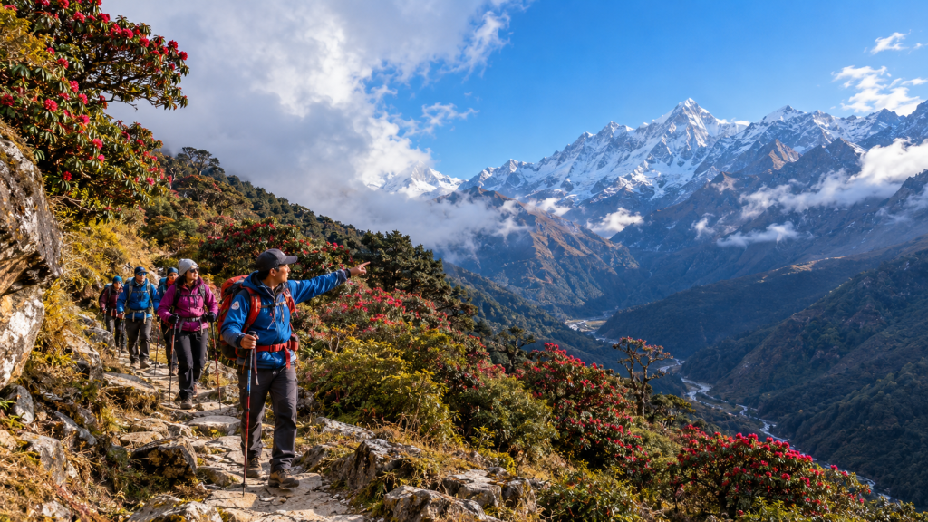 7 Reasons to Trek Nepal With a Trekking Agency  Trekkers and a local guide walking a stone trail in the Langtang valley, Nepal, with snow peaks glowing at sunrise